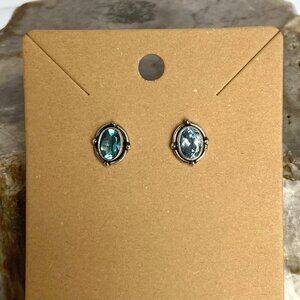 Sterling Silver 925 Dainty Bezel Set Oval Blue Cubic Zirconia CZ Stud Earrings